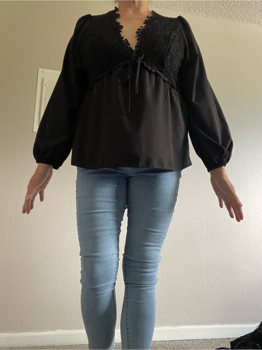 Black Lace-Trim Long Sleeve Women’s Top